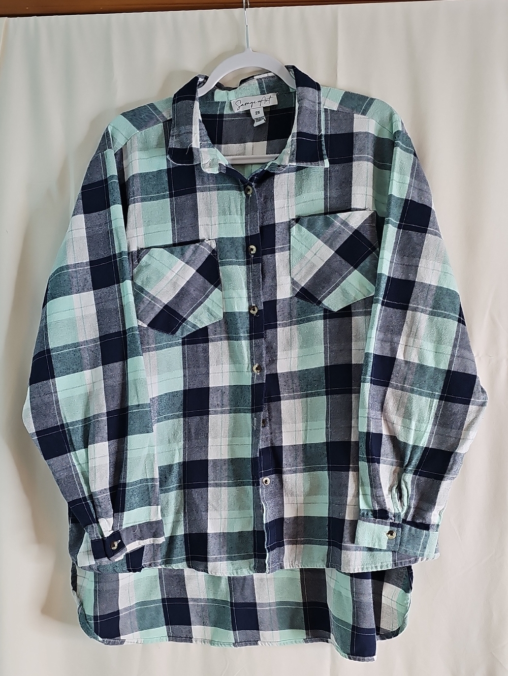 Savage Art Mint and Navy Plaid Button-Up  Flannel Shirt